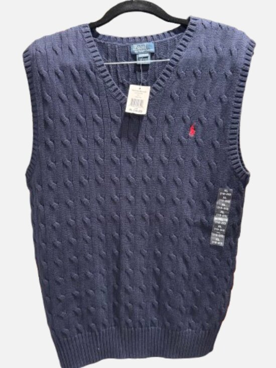 POLO by Ralph Lauren Schoolboy Blue Cable Knit Vest Sweater (Size L 18/20Y) - Picture 2 of 7